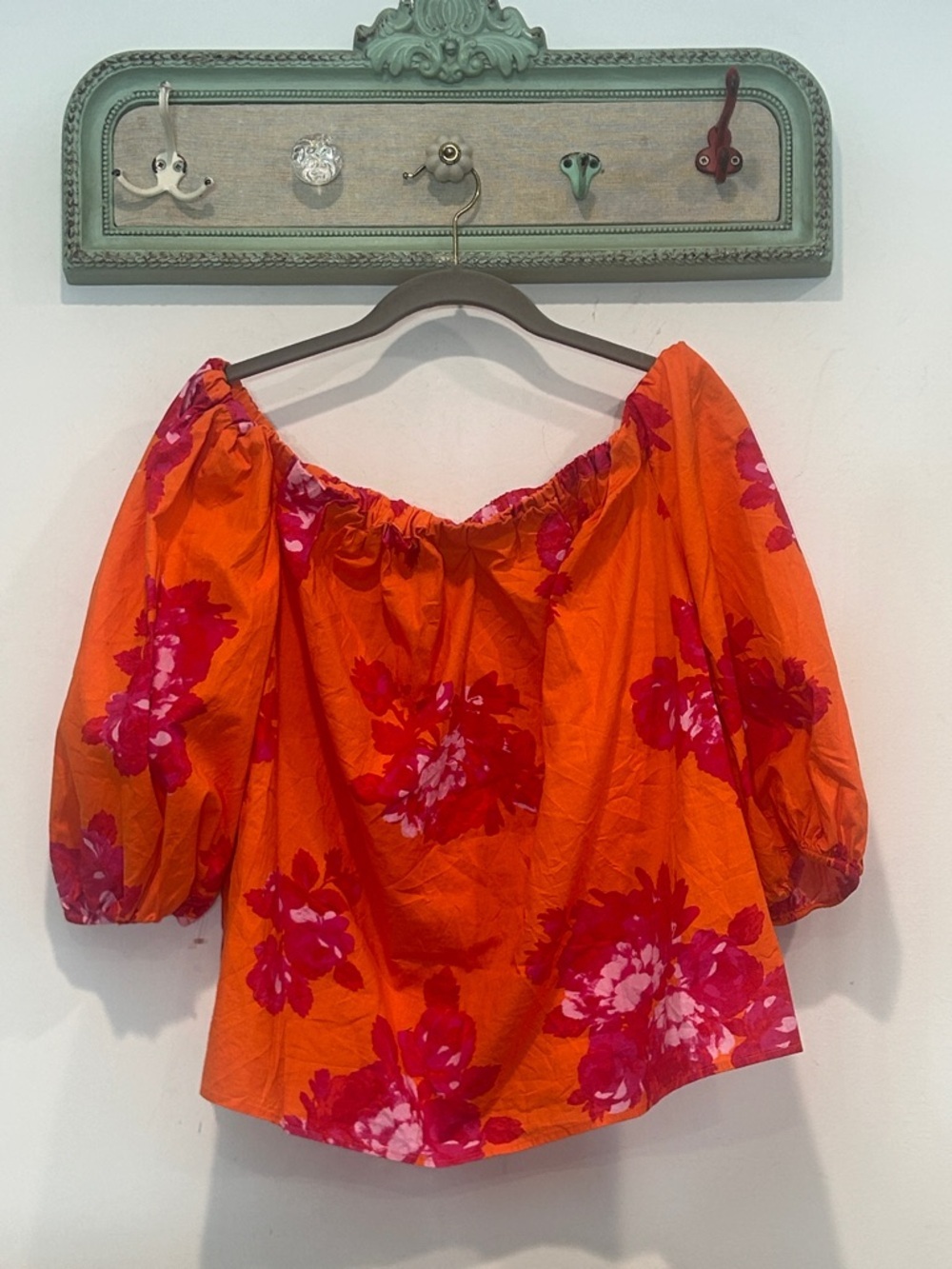 Scoop NYC Orange Off-Shoulder relaxed Blouse Pink Floral Print large women’s